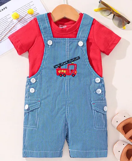 Babyhug Striped Dungaree with Half Sleeves Inner Tee Firefighter Embroidery - Red Blue