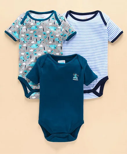 BUMZEE Pack Of 3 Half Sleeves Striped & Dinosaur Print Detailing Onesie - Blue