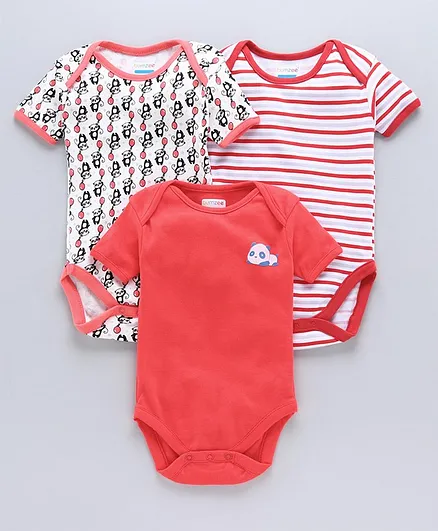 BUMZEE Pack Of 3 Half Sleeves Striped & Panda Print Detailing Onesie - Red