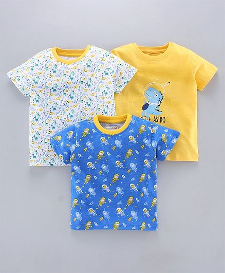 BUMZEE Pack Of 3 Half Sleeves Dinosaurs Print Tees - Blue & Yellow
