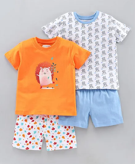 BUMZEE Pack Of 2 Pair Of Half Sleeves Animal Printed Tee & Shorts Set - Blue & Orange