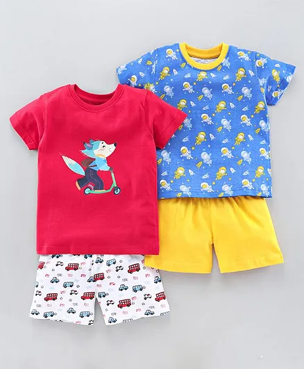BUMZEE Pack Of 2 Half Sleeves Fox Print Tees With 2 Shorts - Red Blue Yellow