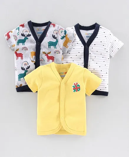 BUMZEE Pack Of 3 Half Sleeves Striped & Reindeer Printed Jablas - Yellow
