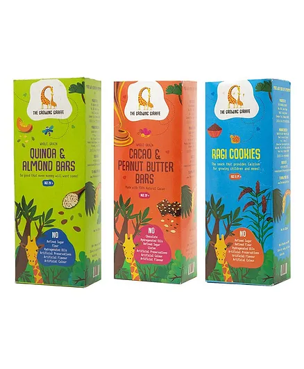 The Growing Giraffe Quinoa Almond Bars Cacao Peanut Butter Bars Ragi Cookies Combo Pack of 3 - 200 gm Each