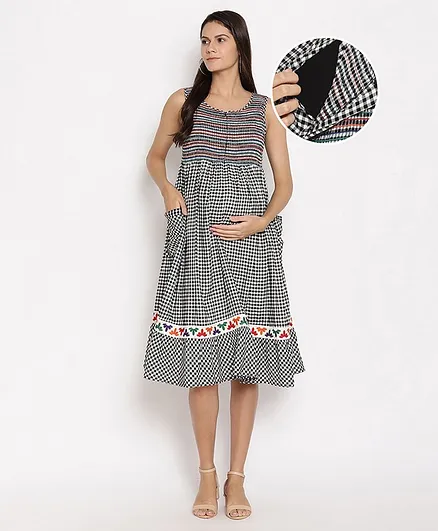 Bella Mask Sleeveless Checked Maternity Dress with Mask - Black