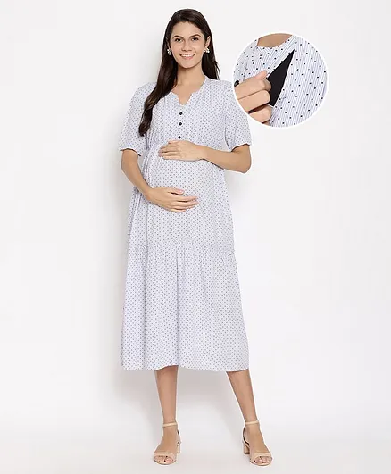 Bella Mama Half Sleeves Maternity Dress with Mask Polka Dot Print - White