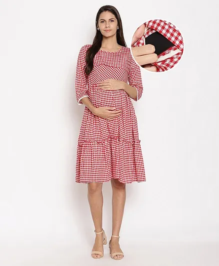 Bella Mama Three Fourth Sleeves Checked Dress with Mask - Red