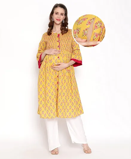 Bella Mama Three Fourth Sleeves Maternity Ethnic Kurta With Mask - Yellow