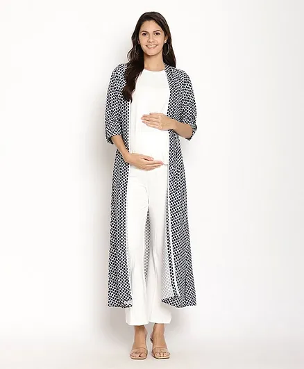 Bella Mama Cotton Three Fourth Sleeves Shrug with Mask Polka Dot Print - Blue
