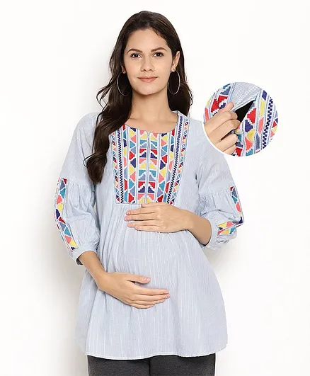 Bella Mama Three Fourth Sleeves Maternity Tunic With Mask - Blue
