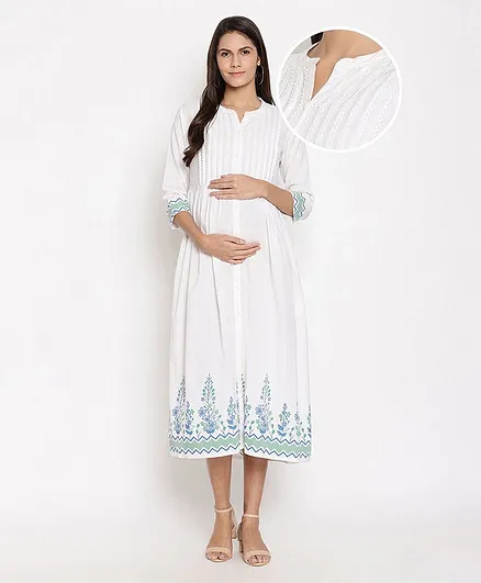 Bella Mama Three Fourth Sleeves Printed Kurta With Mask - White