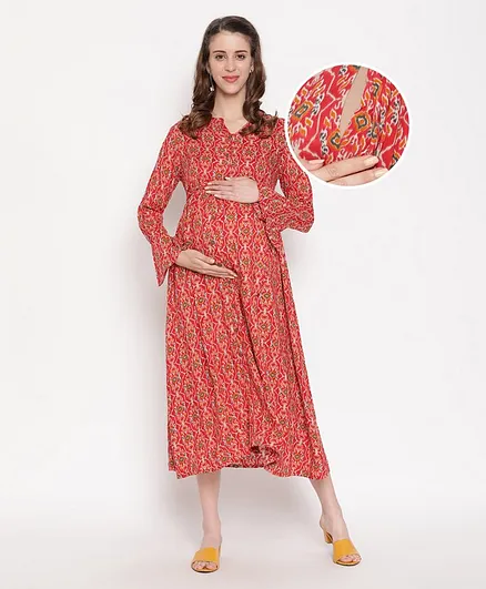 Bella Mama Full Sleeves Printed Maternity Ethnic Kurta - Red