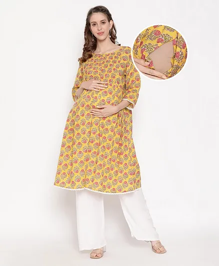Bella Mama Half Sleeves Printed Maternity Ethnic Kurta - Yellow