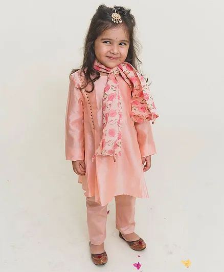 MR.BRAT Full Sleeves Solid Colour Kurta With Hand Block Print Dupatta & Pajama - Light Pink