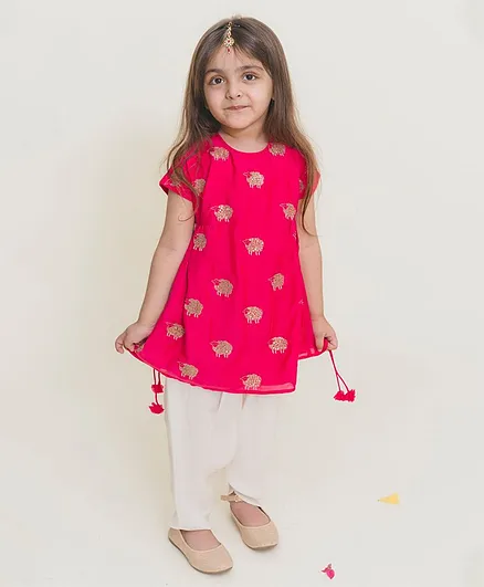 MR.BRAT Short Sleeves Sequin Sheep Detailing Kurta & Salwar Set - Pink
