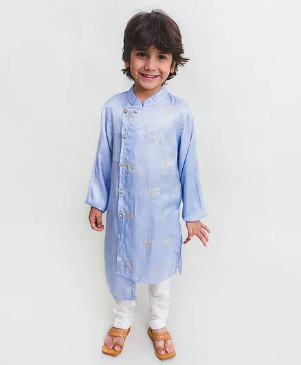 MR.BRAT Full Sleeves Embroidery Detailing Kurta With Pajama - Light Blue