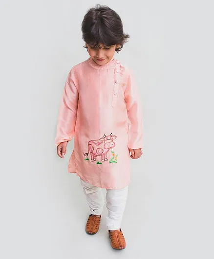 MR.BRAT Full Sleeves Cow Embroidery Detailing Kurta With Pajama - Peach