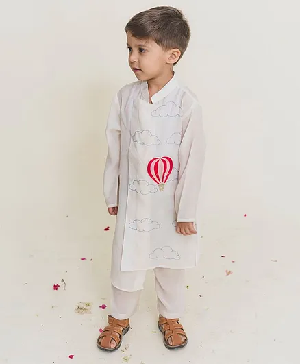 MR.BRAT Full Sleeves Hot Balloon Embroidered Chanderi Kurta With Pajama - Off White