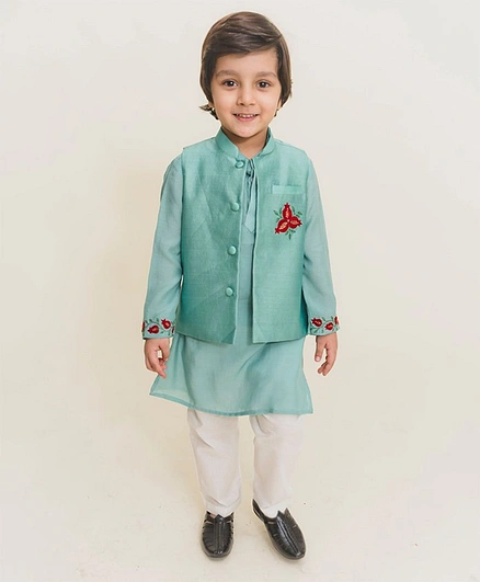 MR.BRAT Full Sleeves Kurta With Embroidered Jacket & Pajama - Aqua Blue