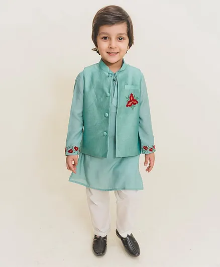 MR.BRAT Full Sleeves Kurta With Embroidered Jacket & Pajama - Aqua Blue