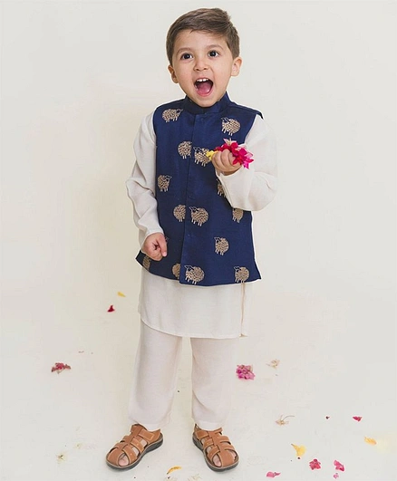 MR.BRAT Full Sleeves Kurta With Sheep Design Jacket & Pajama - Navy Blue