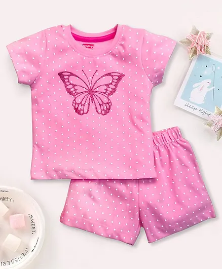 Babyhug Half Sleeves Night Suit Butterfly Print - Pink