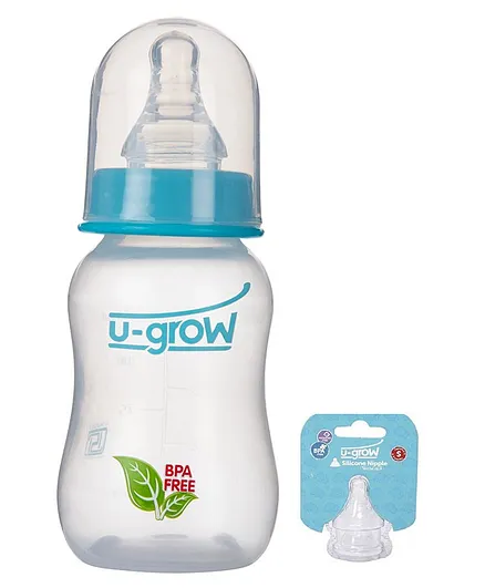U-Grow Anti Colic Standard Neck Feeding Bottle with Two Small Extra Teats - 120ml - Turquoise