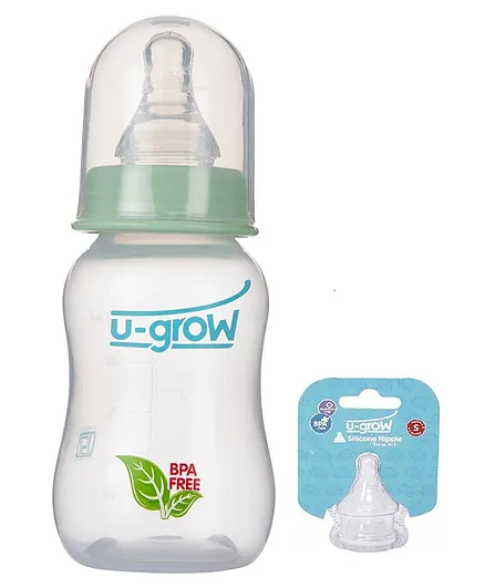 U-Grow Anti Colic Standard Neck Feeding Bottle, with Extra 2 Small Teat - 120ml - Green