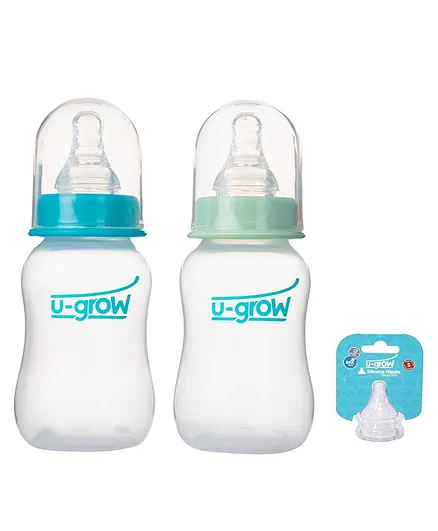 U-Grow Anti Colic Standard Neck Feeding Bottle Pack of 2, with Two Small Extra Teats - 120ml - Turquoise & Blue