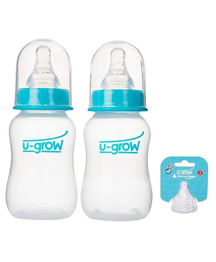 U-Grow Anti Colic Standard Neck Feeding Bottle Pack of 2 with 2 Small Extra Teats - 120ml - Turquoise