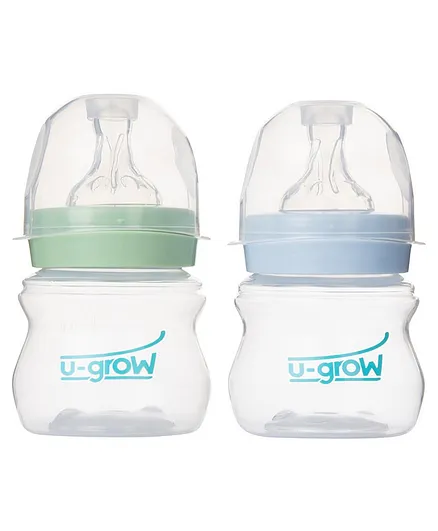 U-Grow Anti Colic wide Neck Feeding Bottle, Pack of 2 - 125ml - Blue & Green