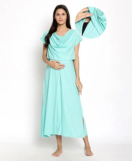 Bella Mama Half Sleeves Polka Dotted Nursing Nighty - Light Blue
