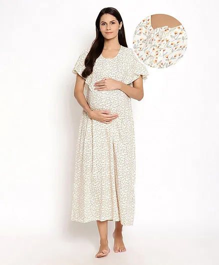 Bella Mama Half Sleeves Front Button Nursing Nighty - Off White