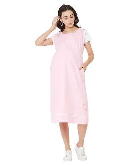 MOM'S BEE Half Sleeves A-Line Flower Print Hem Dress - Pink