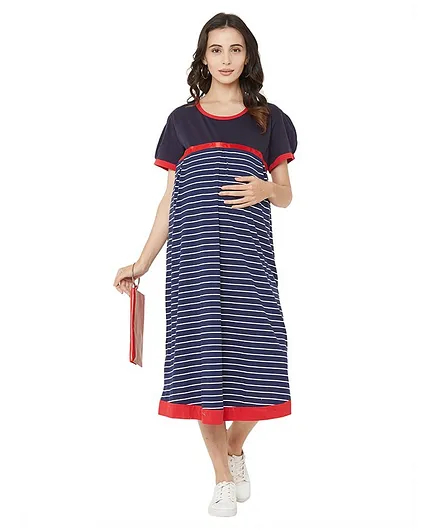 MOM'S BEE Half Sleeves A-Line Striped Dress - Navy Blue