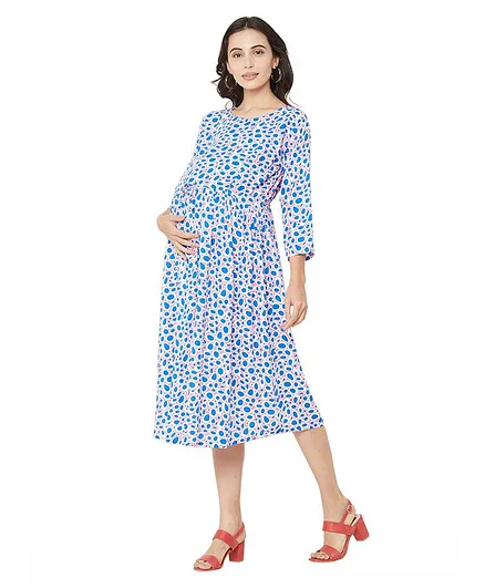 MOM'S BEE Half Sleeves A-Line Printed Dress - Blue