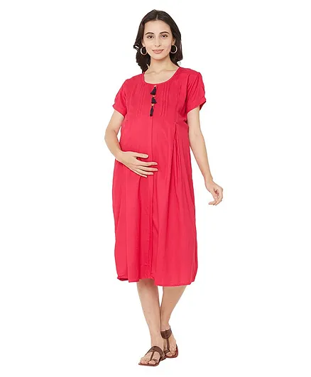 MOM'S BEE Tassels Decorated Half Sleeves Maternity Dress - Pink