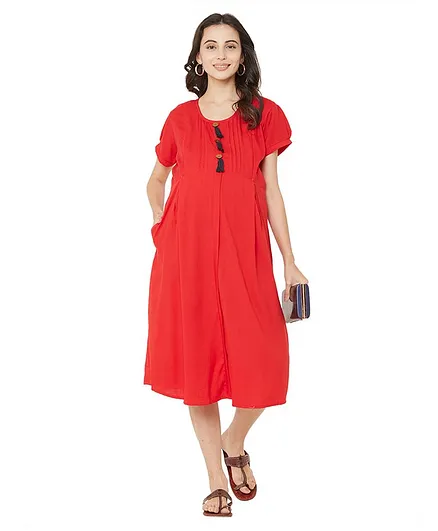MOM'S BEE Tassels Decorated Half Sleeves Maternity Dress - Red