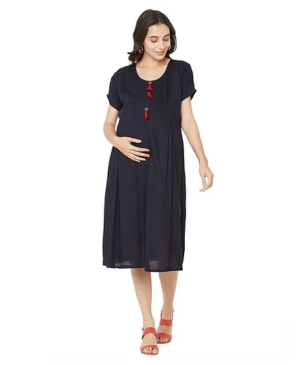 MOM'S BEE Tassels Decorated Half Sleeves Maternity Dress - Navy
