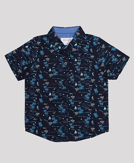 MANET Half Sleeves Beach Theme Print Shirt - Blue
