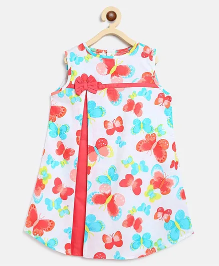 Campana Sleeveless Butterflies Print Jackie Front Pleat Dress - White & Peach