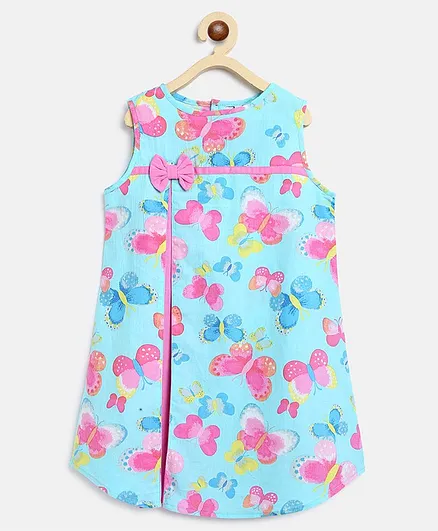 Campana Sleeveless Butterflies Print Jackie Front Pleat Dress - Blue & Pink