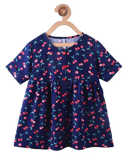 Campana Half Sleeves Lottie Flared Cherry Print Top - Navy Blue