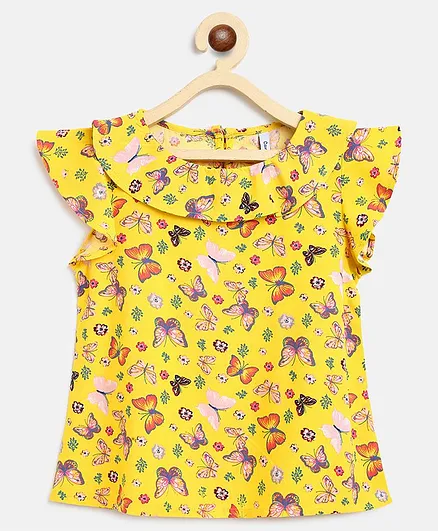 Campana Flutter Sleeves Butterflies Print Frida Top - Yellow