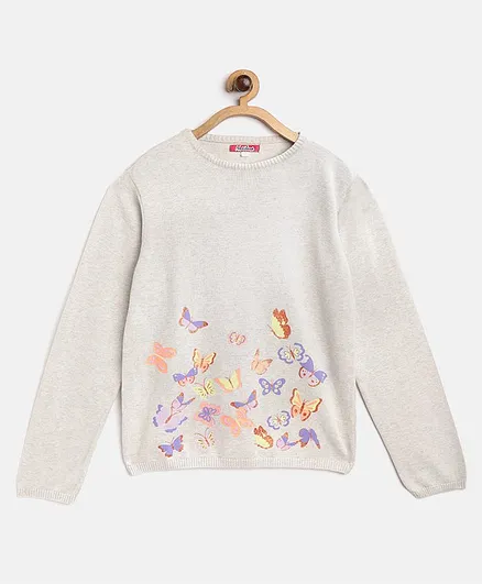 Natilene Full Sleeves Butterflies Print Sweater - Grey