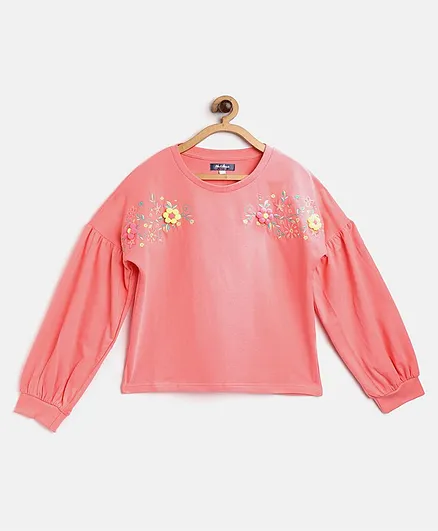 Natilene Full Sleeves Flower Embroidered Sweatshirt - Pink