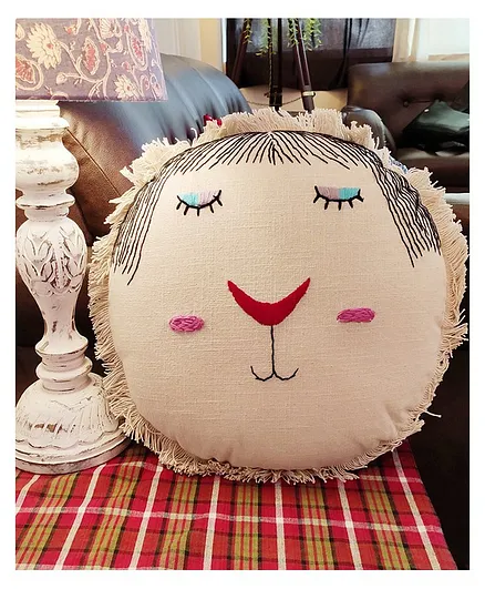 Rockfort Creations Round Lion Embroidered Cushion Cover - Beige