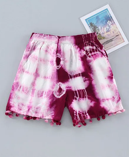 Kiddopanti Pom Pom Lace Hem Tie Dye Hot Shorts - Magenta