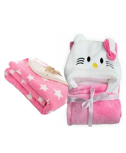 Brandonn Hooded Baby Blanket Star Print Set of 2 - Pink Kitty