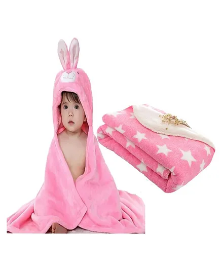 Brandonn Hooded Baby Blanket Star Print Set of 2 - Pink Rabbit